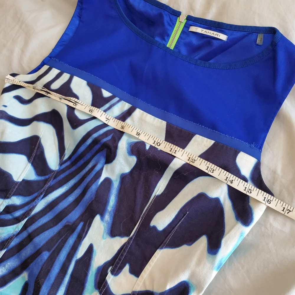 T Tahari Blue White Zebra Print Lined Sleeveless Dress Neon Zipper - Picture 3 of 7